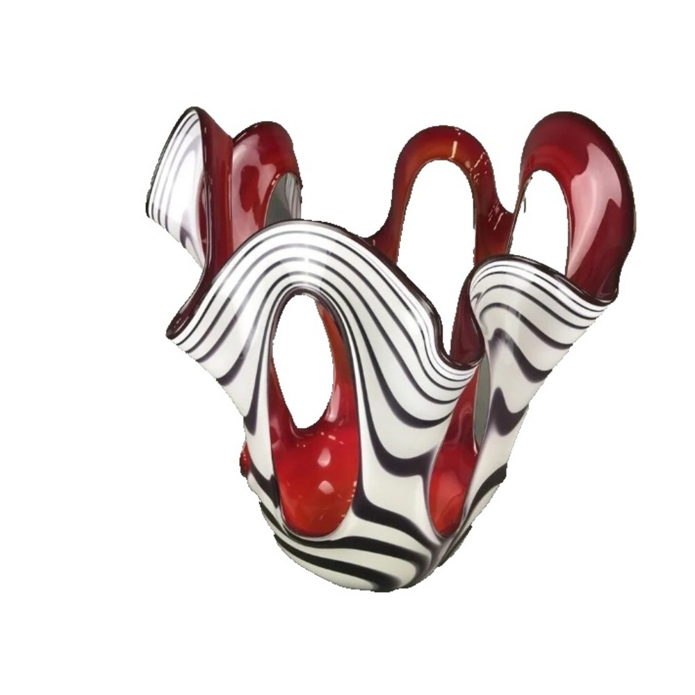 VTG Large Zebra Stripe Handkerchief Vase Red White Black 10" Krosno Murano Style